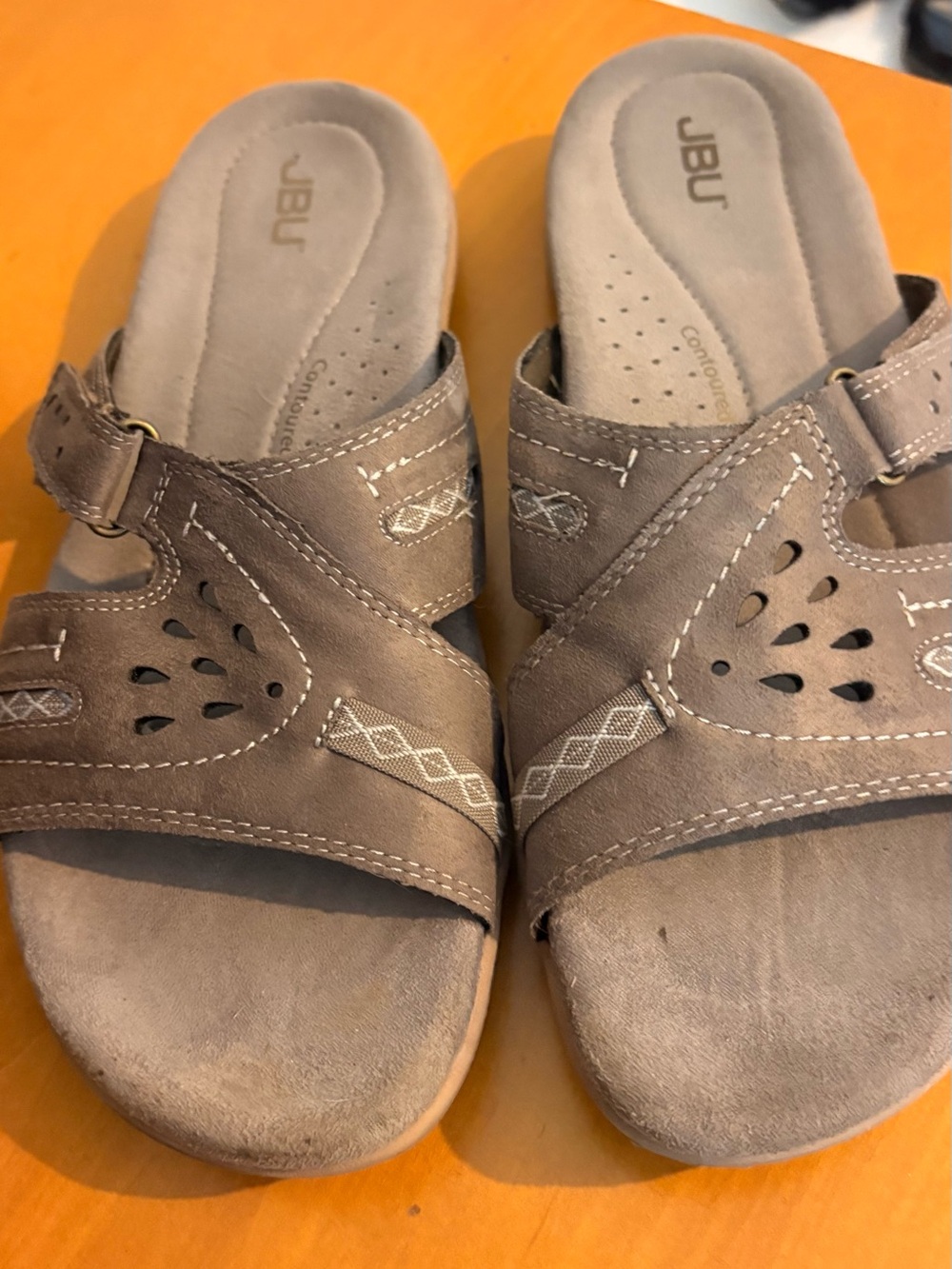 JBU Women's Taupe Slide Sandals with Decorative Stitching